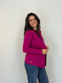 EBONY_MERINO MID LENGTH EDGE TO EDGE WOMENS CARDIGAN RASPBERRY _ MERINO MID LENGTH EDGE TO EDGE WOMENS CARDIGAN RASPBERRY _ Ebony Boutique NZ