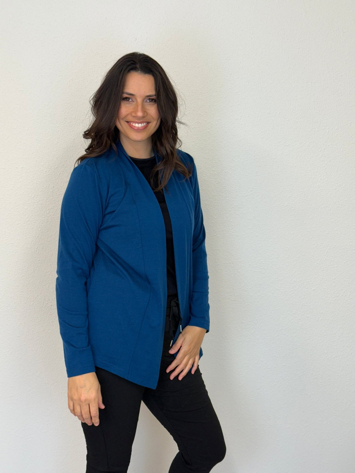 EBONY_MERINO MID LENGTH EDGE TO EDGE WOMENS CARDIGAN TWILIGHT _ MERINO MID LENGTH EDGE TO EDGE WOMENS CARDIGAN TWILIGHT _ Ebony Boutique NZ