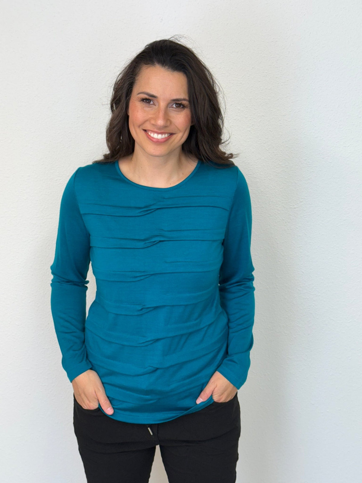 EBONY_MERINO TUCK PLEAT TOP WOMENS LONG SLEEVES ROUND NECK DRAGONFLY _ MERINO TUCK PLEAT TOP WOMENS LONG SLEEVES ROUND NECK DRAGONFLY _ Ebony Boutique NZ
