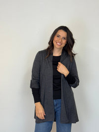 EBONY_TAB SLEEVE 100% MERINO EDGE TO EDGE A - LINE CARDIGAN CHARCOAL _ TAB SLEEVE 100% MERINO EDGE TO EDGE A - LINE CARDIGAN CHARCOAL _ Ebony Boutique NZ