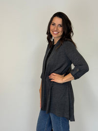 EBONY_TAB SLEEVE 100% MERINO EDGE TO EDGE A - LINE CARDIGAN CHARCOAL _ TAB SLEEVE 100% MERINO EDGE TO EDGE A - LINE CARDIGAN CHARCOAL _ Ebony Boutique NZ