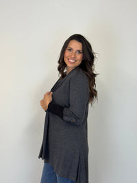 EBONY_TAB SLEEVE 100% MERINO EDGE TO EDGE A - LINE CARDIGAN CHARCOAL _ TAB SLEEVE 100% MERINO EDGE TO EDGE A - LINE CARDIGAN CHARCOAL _ Ebony Boutique NZ