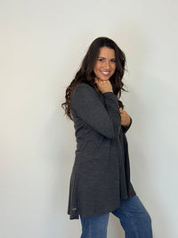 EBONY_TAB SLEEVE 100% MERINO EDGE TO EDGE A - LINE CARDIGAN CHARCOAL _ TAB SLEEVE 100% MERINO EDGE TO EDGE A - LINE CARDIGAN CHARCOAL _ Ebony Boutique NZ