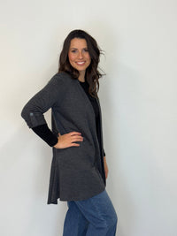 EBONY_TAB SLEEVE 100% MERINO EDGE TO EDGE A - LINE CARDIGAN CHARCOAL _ TAB SLEEVE 100% MERINO EDGE TO EDGE A - LINE CARDIGAN CHARCOAL _ Ebony Boutique NZ