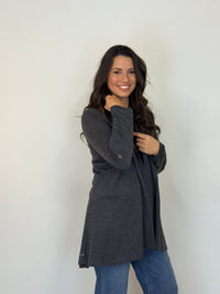 EBONY_TAB SLEEVE 100% MERINO EDGE TO EDGE A - LINE CARDIGAN CHARCOAL _ TAB SLEEVE 100% MERINO EDGE TO EDGE A - LINE CARDIGAN CHARCOAL _ Ebony Boutique NZ
