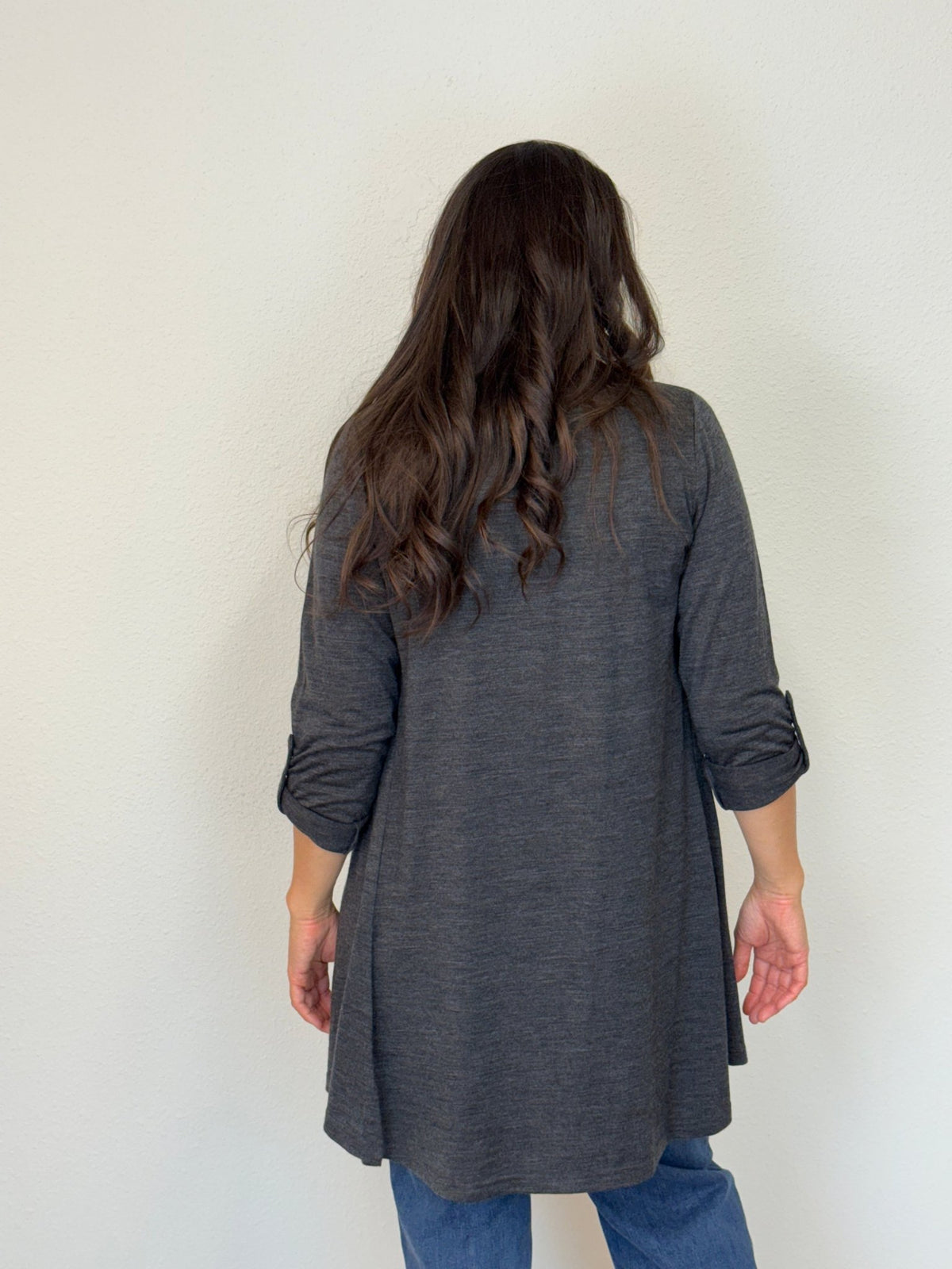 EBONY_TAB SLEEVE 100% MERINO EDGE TO EDGE A - LINE CARDIGAN CHARCOAL _ TAB SLEEVE 100% MERINO EDGE TO EDGE A - LINE CARDIGAN CHARCOAL _ Ebony Boutique NZ