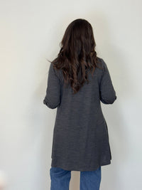 EBONY_TAB SLEEVE 100% MERINO EDGE TO EDGE A - LINE CARDIGAN CHARCOAL _ TAB SLEEVE 100% MERINO EDGE TO EDGE A - LINE CARDIGAN CHARCOAL _ Ebony Boutique NZ