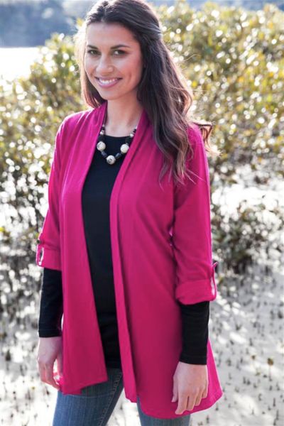 EBONY_TAB SLEEVE 100% MERINO EDGE TO EDGE A-LINE CARDIGAN RASPBERRY _ TAB SLEEVE 100% MERINO EDGE TO EDGE A-LINE CARDIGAN RASPBERRY _ Ebony Boutique NZ
