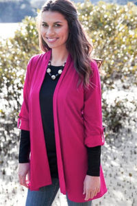 EBONY_TAB SLEEVE 100% MERINO EDGE TO EDGE A-LINE CARDIGAN RASPBERRY _ TAB SLEEVE 100% MERINO EDGE TO EDGE A-LINE CARDIGAN RASPBERRY _ Ebony Boutique NZ
