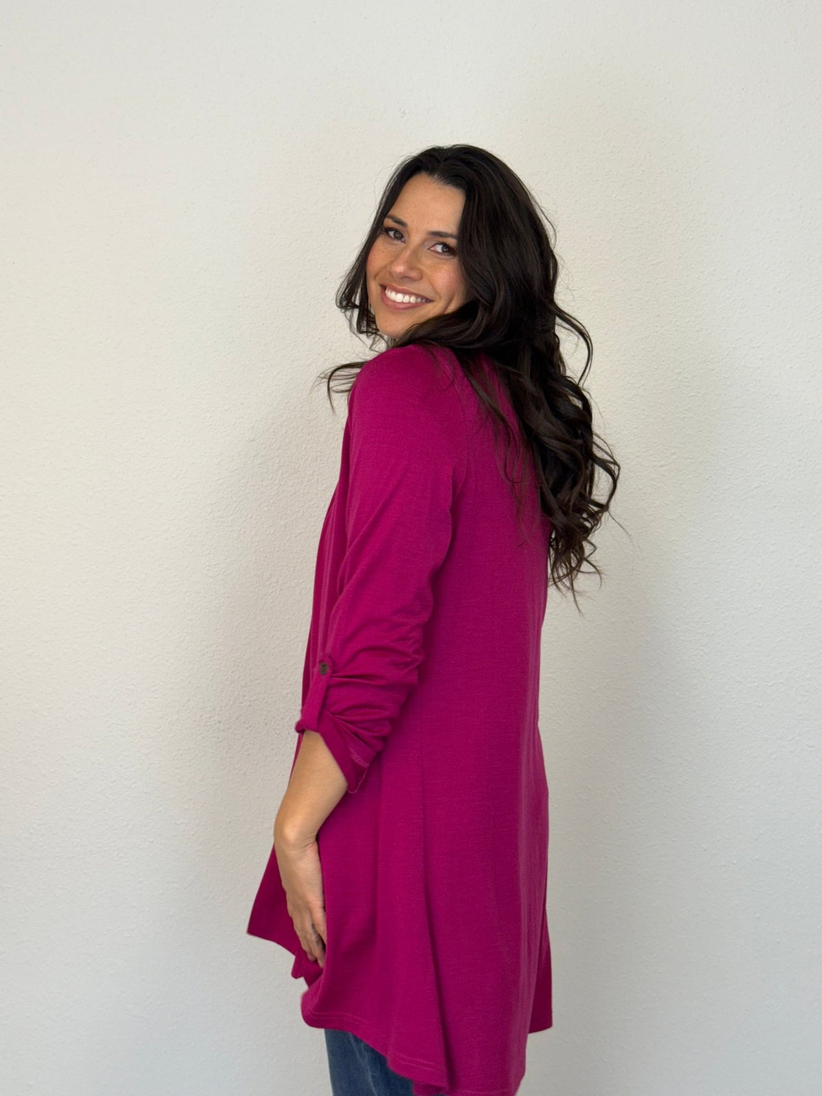 EBONY_TAB SLEEVE 100% MERINO EDGE TO EDGE A - LINE CARDIGAN RASPBERRY _ TAB SLEEVE 100% MERINO EDGE TO EDGE A - LINE CARDIGAN RASPBERRY _ Ebony Boutique NZ