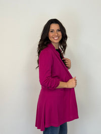 EBONY_TAB SLEEVE 100% MERINO EDGE TO EDGE A - LINE CARDIGAN RASPBERRY _ TAB SLEEVE 100% MERINO EDGE TO EDGE A - LINE CARDIGAN RASPBERRY _ Ebony Boutique NZ