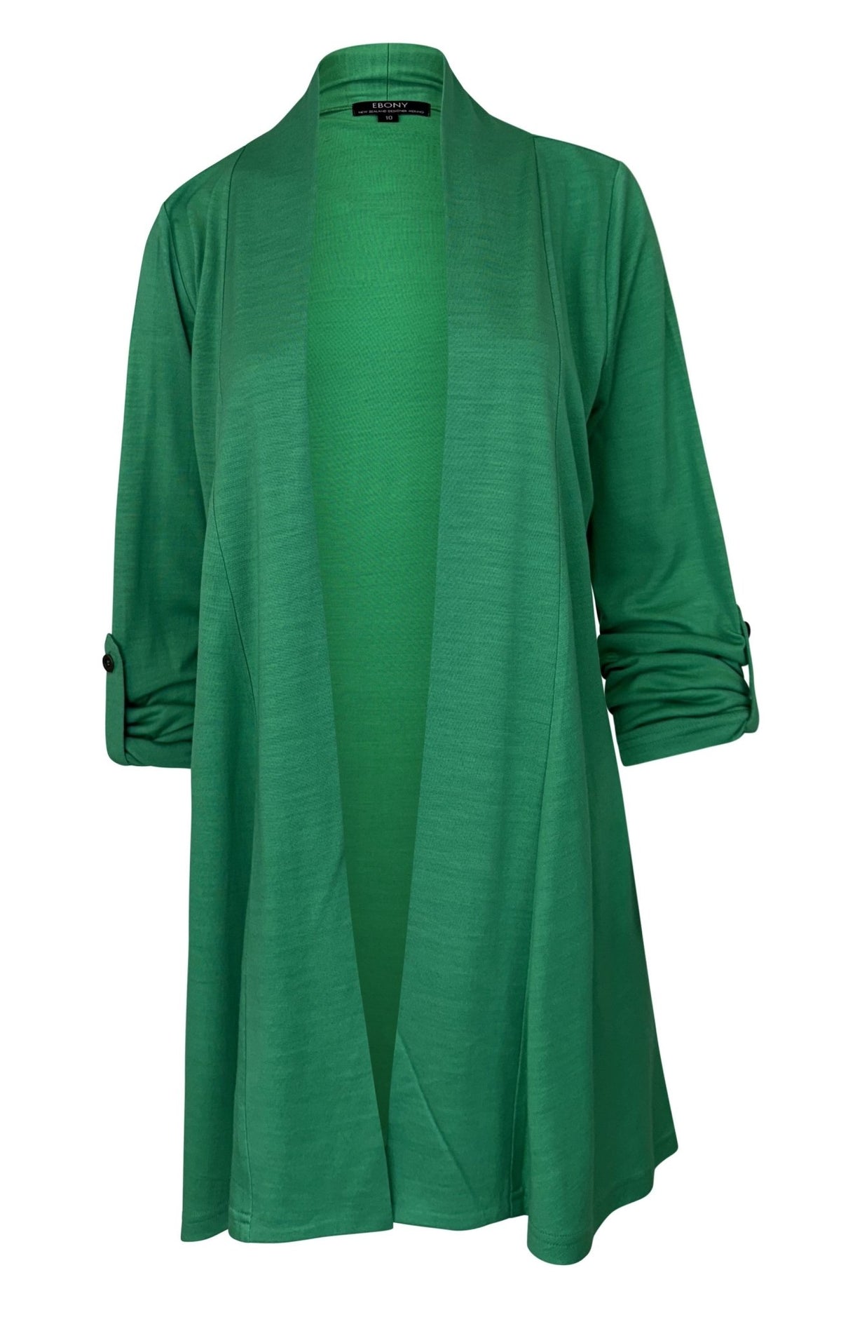 EBONY_TAB SLEEVE 100% MERINO EDGE TO EDGE A - LINE CARDIGAN VERDE EBAS591VER _ TAB SLEEVE 100% MERINO EDGE TO EDGE A - LINE CARDIGAN VERDE EBAS591VER _ Ebony Boutique NZ