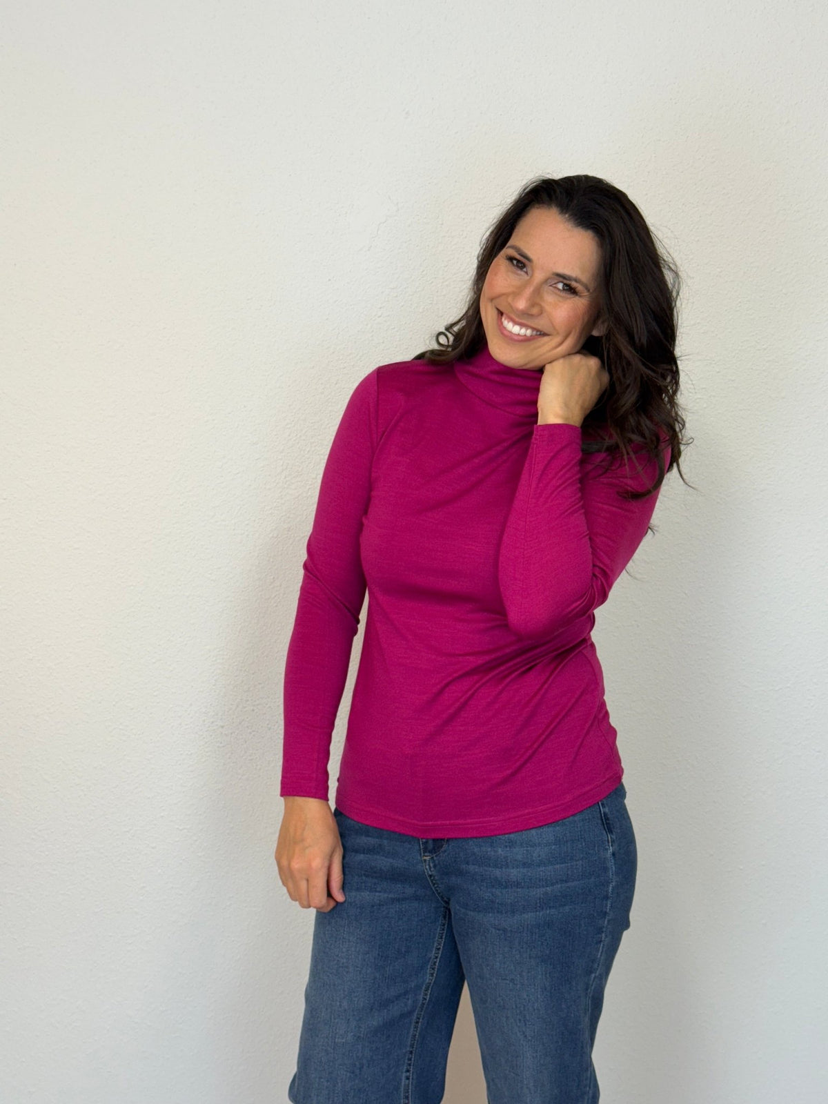 EBONY_WOMENS 100% MERINO (210) LONG SLEEVE HIGH NECK TOP RASPBERRY _ WOMENS 100% MERINO (210) LONG SLEEVE HIGH NECK TOP RASPBERRY _ Ebony Boutique NZ
