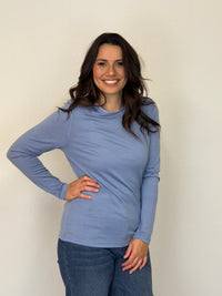 EBONY_WOMENS 100% MERINO (210) LONG SLEEVE SATIN CREW TOP DUSK BLUE _ WOMENS 100% MERINO (210) LONG SLEEVE SATIN CREW TOP DUSK BLUE _ Ebony Boutique NZ