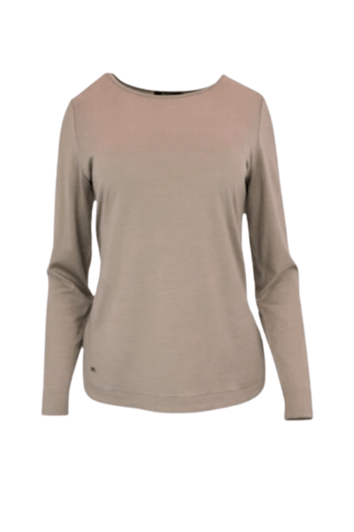 EBONY_WOMENS 100% MERINO WOOL (210) CURVE HEM LONG SLEEVE JUMPER CAPPUCCINO _ WOMENS 100% MERINO WOOL (210) CURVE HEM LONG SLEEVE JUMPER CAPPUCCINO _ Ebony Boutique NZ