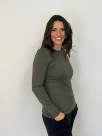 EBONY_WOMEN'S 100% MERINO WOOL (210) LONG SLEEVE CREW TOP KHAKI _ WOMEN'S 100% MERINO WOOL (210) LONG SLEEVE CREW TOP KHAKI _ Ebony Boutique NZ