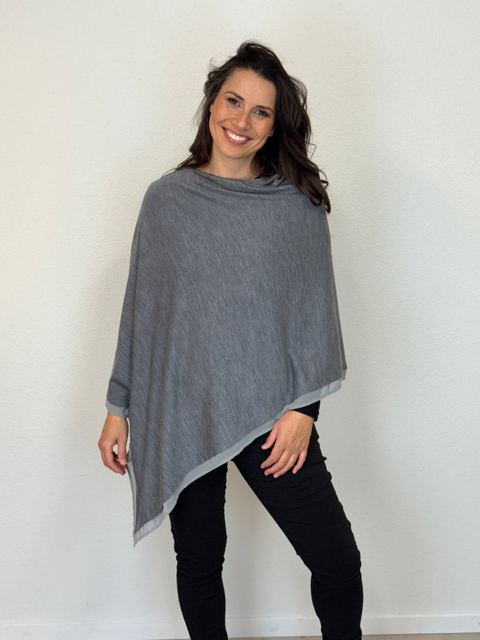 EBONY_WOMENS 100% MERINO WOOL EASY STYLE LAYER PONCHO WITH CHIFFON _ WOMENS 100% MERINO WOOL EASY STYLE LAYER PONCHO WITH CHIFFON _ Ebony Boutique NZ