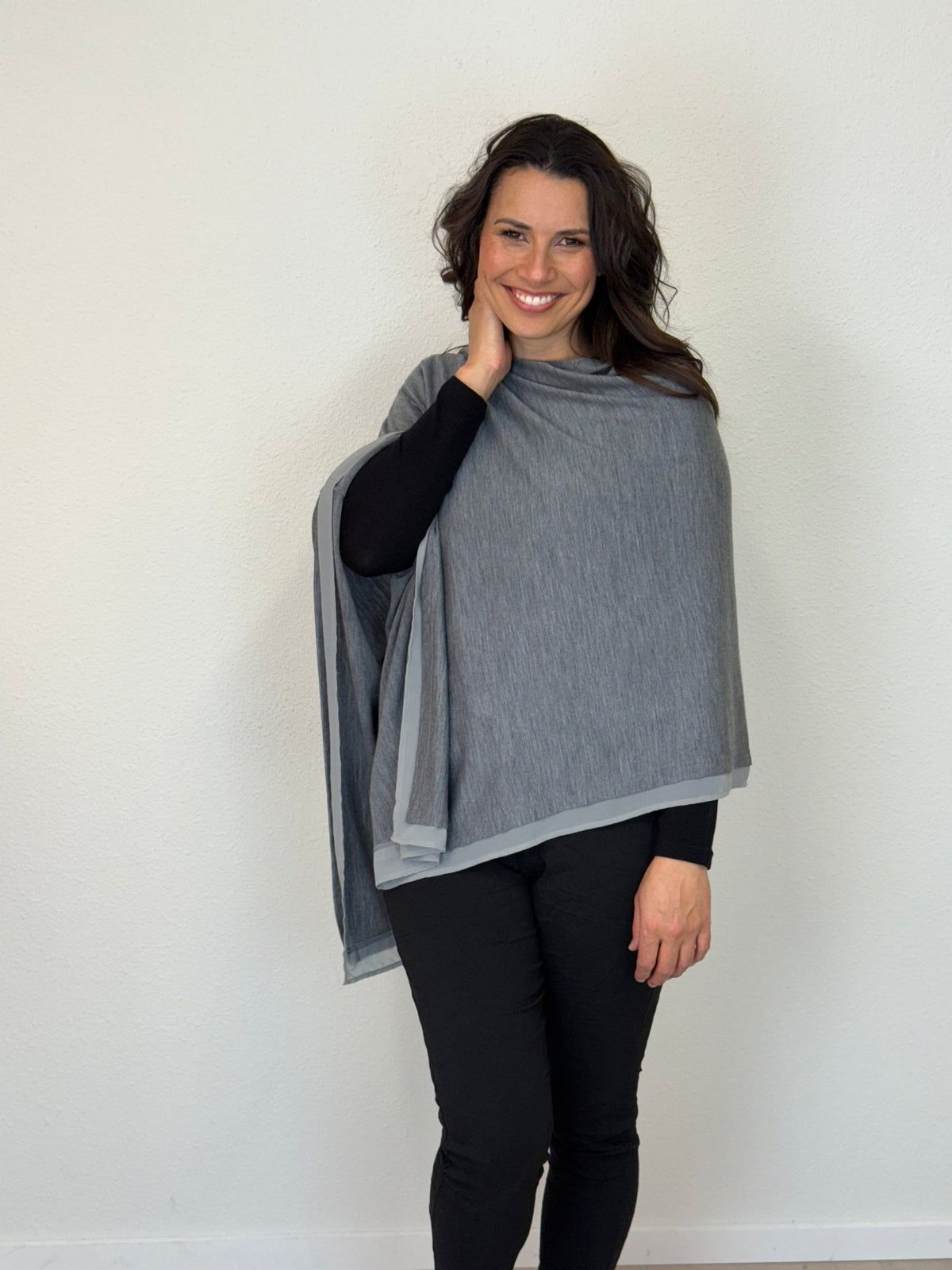 EBONY_WOMENS 100% MERINO WOOL EASY STYLE LAYER PONCHO WITH CHIFFON _ WOMENS 100% MERINO WOOL EASY STYLE LAYER PONCHO WITH CHIFFON _ Ebony Boutique NZ