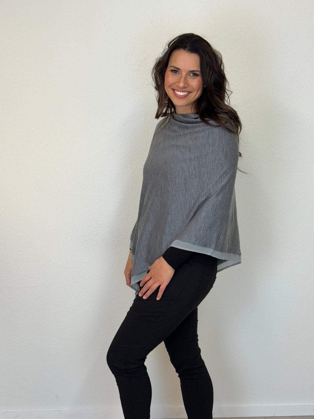 EBONY_WOMENS 100% MERINO WOOL EASY STYLE LAYER PONCHO WITH CHIFFON _ WOMENS 100% MERINO WOOL EASY STYLE LAYER PONCHO WITH CHIFFON _ Ebony Boutique NZ