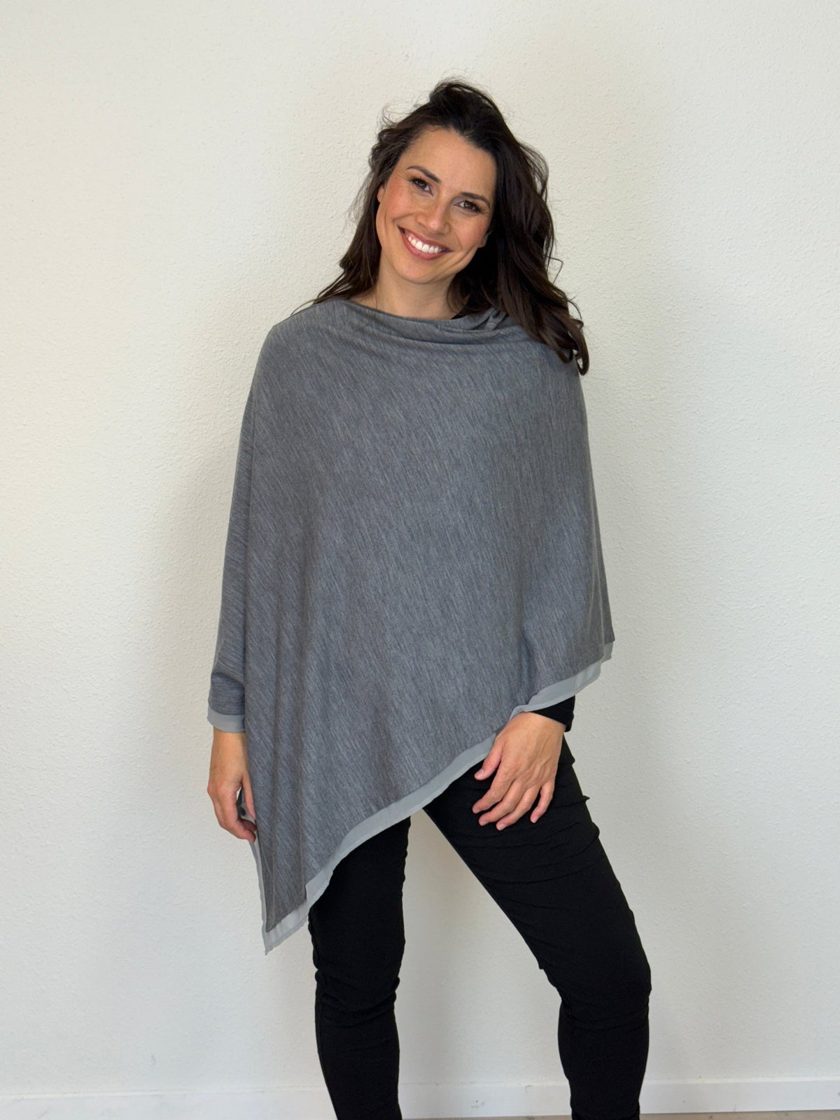 EBONY_WOMENS 100% MERINO WOOL EASY STYLE LAYER PONCHO WITH CHIFFON _ WOMENS 100% MERINO WOOL EASY STYLE LAYER PONCHO WITH CHIFFON _ Ebony Boutique NZ