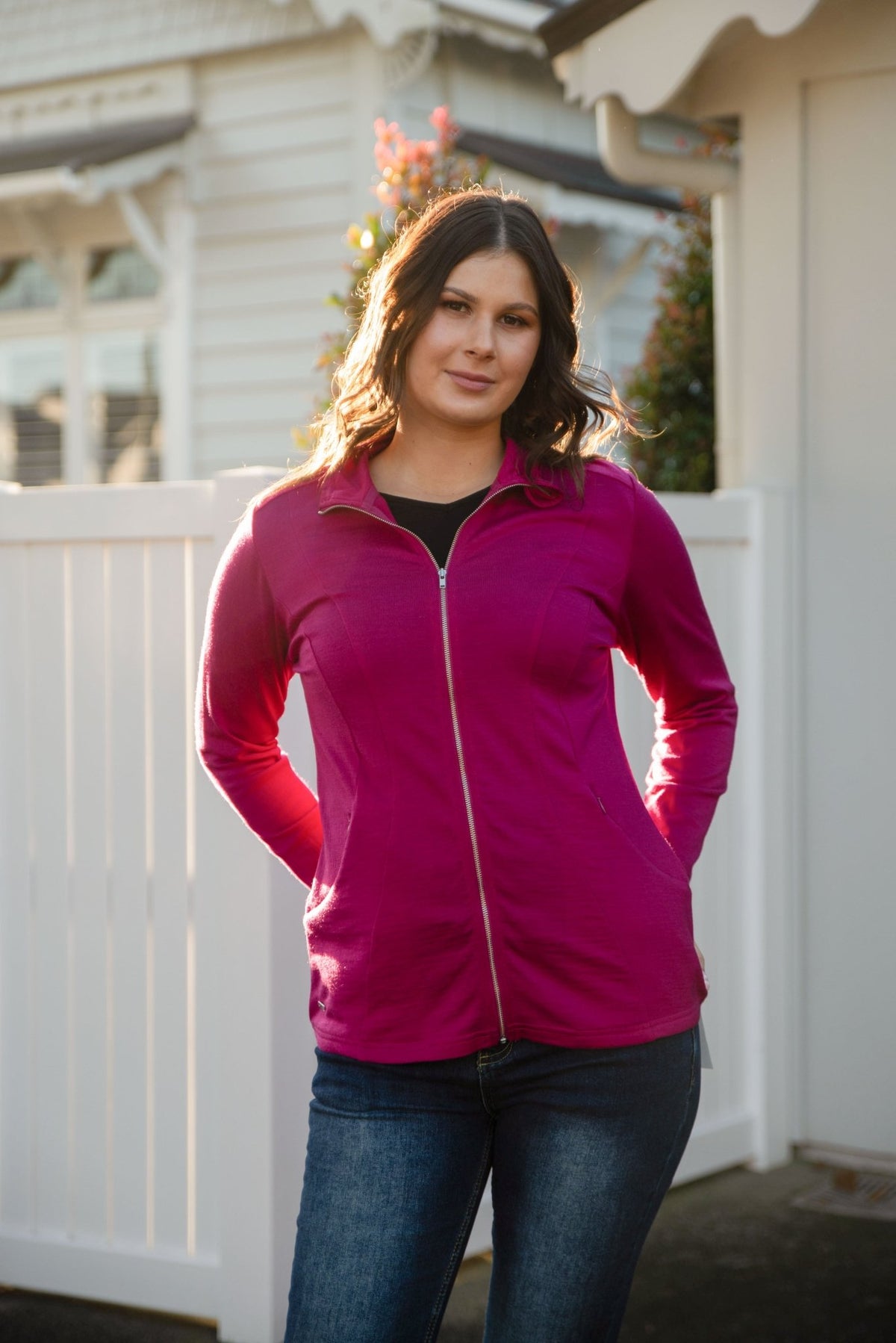 EBONY_WOMENS MERINO JACKET 100% WOOLLEN CURVED PANELS LONG SLEEVES RASPBERRY _ WOMENS MERINO JACKET 100% WOOLLEN CURVED PANELS LONG SLEEVES RASPBERRY _ Ebony Boutique NZ