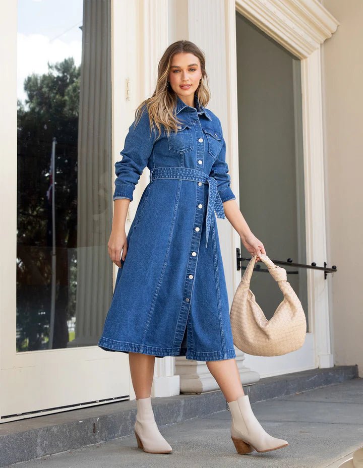 Foxwood Genevieve Denim Dress – Midi Cotton Blend
