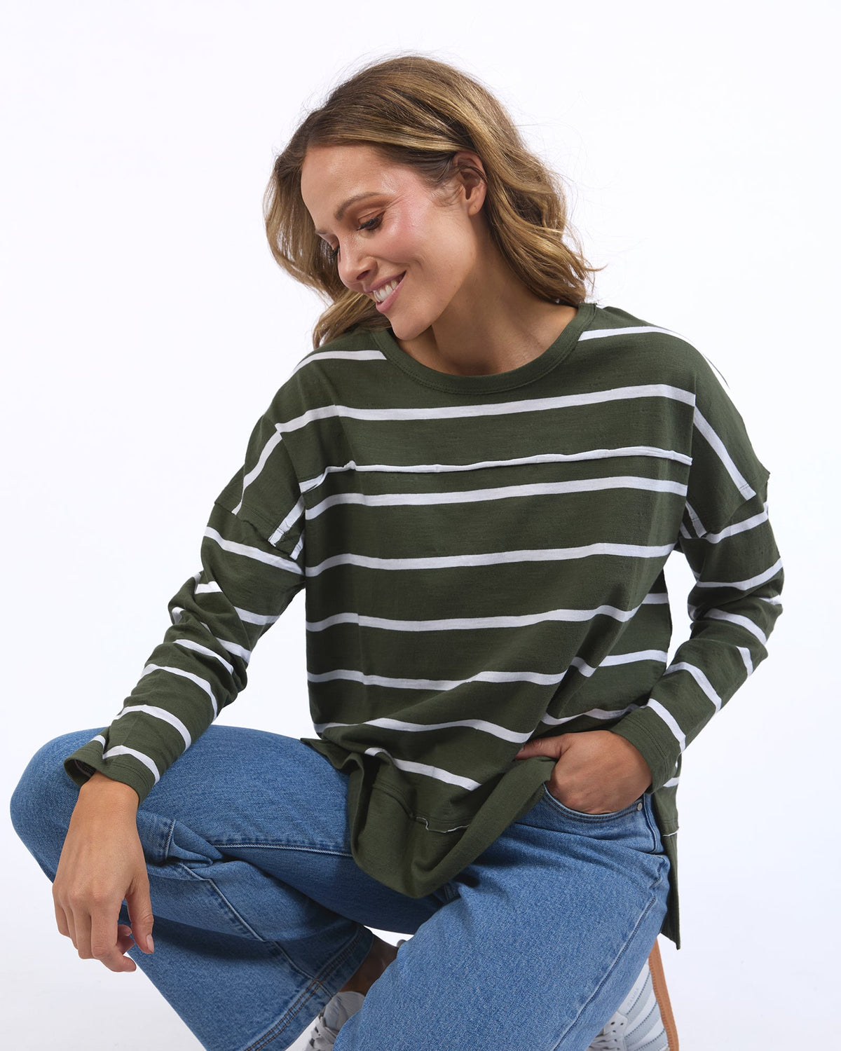 FOXWOOD_JAYNE STRIPE THROW ON TOP KHAKI _ JAYNE STRIPE THROW ON TOP KHAKI _ Ebony Boutique NZ