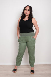 GORDON SMITH_SARAH LINEN PANT JERSEY WAIST KHAKI _ SARAH LINEN PANT JERSEY WAIST KHAKI _ Ebony Boutique NZ