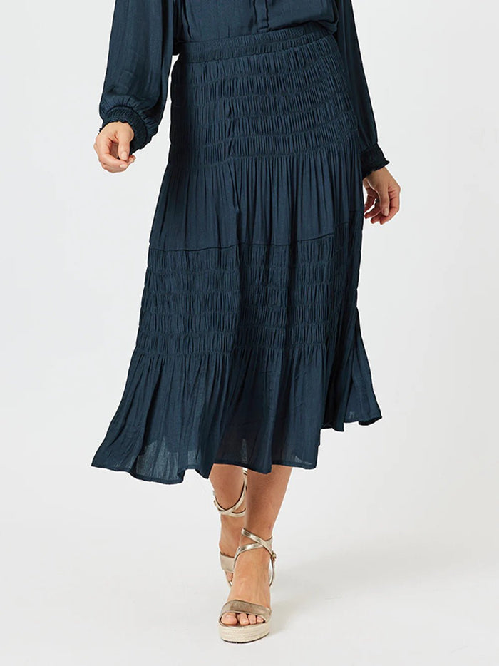 HAMMOCK & VINE_LUXE SHIRRED SKIRT NAVY _ LUXE SHIRRED SKIRT NAVY _ Ebony Boutique NZ