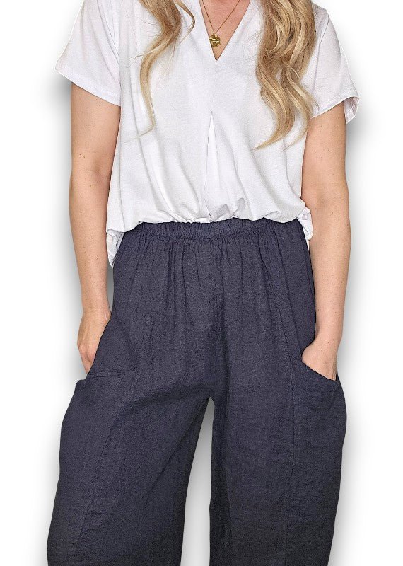 HELGA MAY_BARREL LINEN PANTS NAVY _ BARREL LINEN PANTS NAVY _ Ebony Boutique NZ