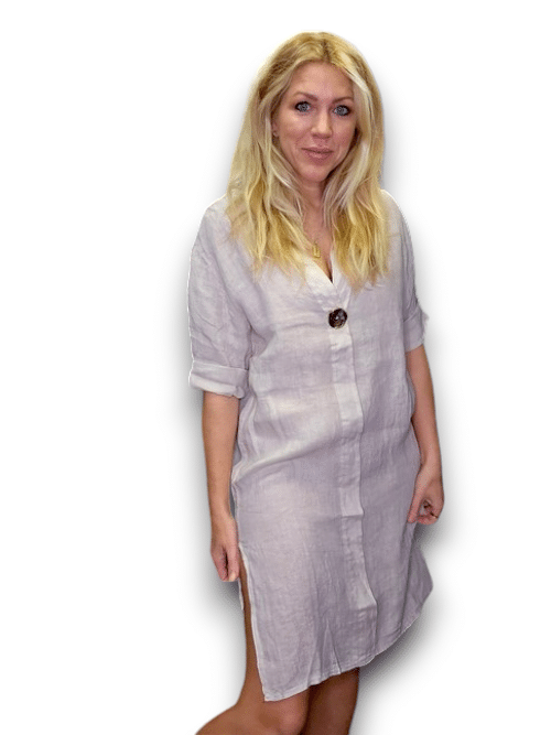 HELGA MAY_BRASS BUTTON DRESS TUNIC LINEN WHITE _ BRASS BUTTON DRESS TUNIC LINEN WHITE _ Ebony Boutique NZ