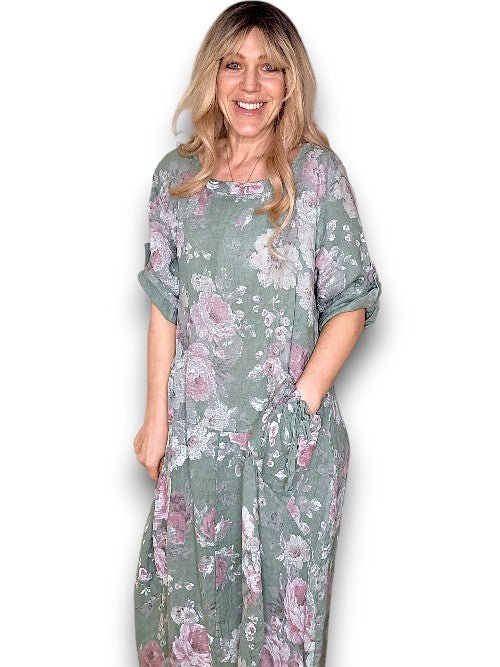 HELGA MAY_BUTTON SLEEVE MAXI DRESS SCARLETT ROSE SAGE _ BUTTON SLEEVE MAXI DRESS SCARLETT ROSE SAGE _ Ebony Boutique NZ