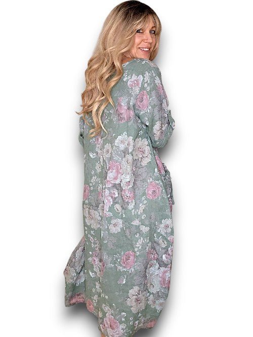 HELGA MAY_BUTTON SLEEVE MAXI DRESS SCARLETT ROSE SAGE _ BUTTON SLEEVE MAXI DRESS SCARLETT ROSE SAGE _ Ebony Boutique NZ