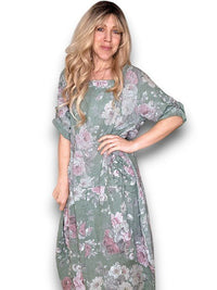 HELGA MAY_BUTTON SLEEVE MAXI DRESS SCARLETT ROSE SAGE _ BUTTON SLEEVE MAXI DRESS SCARLETT ROSE SAGE _ Ebony Boutique NZ