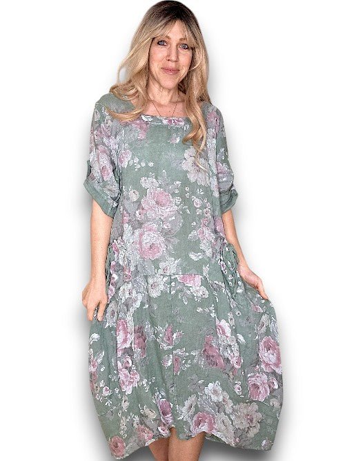 HELGA MAY_BUTTON SLEEVE MAXI DRESS SCARLETT ROSE SAGE _ BUTTON SLEEVE MAXI DRESS SCARLETT ROSE SAGE _ Ebony Boutique NZ