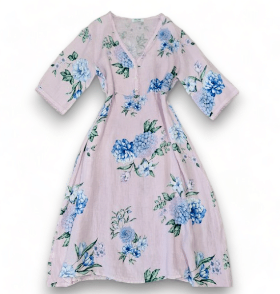 HELGA MAY_BUTTON V - NECK MAXI DRESS LINEN ADRIAN BLOOM PALE LAVENDER _ BUTTON V - NECK MAXI DRESS LINEN ADRIAN BLOOM PALE LAVENDER _ Ebony Boutique NZ