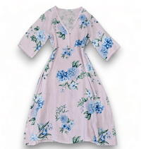 HELGA MAY_BUTTON V - NECK MAXI DRESS LINEN ADRIAN BLOOM PALE LAVENDER _ BUTTON V - NECK MAXI DRESS LINEN ADRIAN BLOOM PALE LAVENDER _ Ebony Boutique NZ