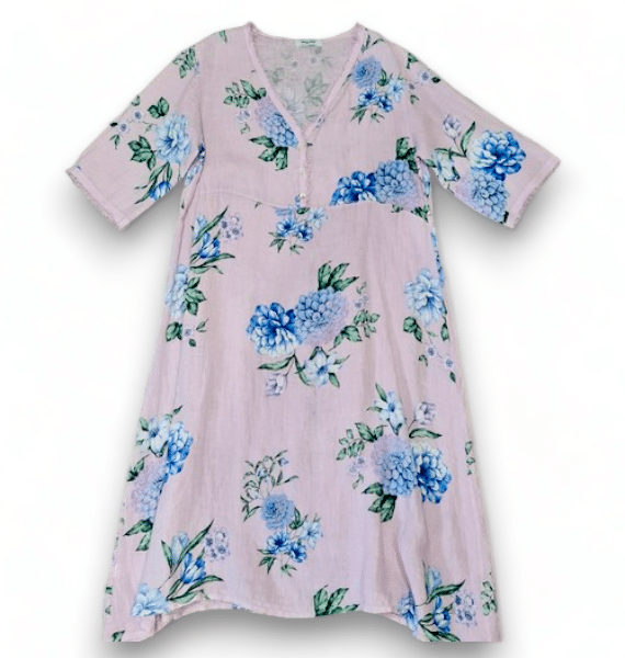 HELGA MAY_BUTTON V - NECK MAXI DRESS LINEN ADRIAN BLOOM PALE LAVENDER _ BUTTON V - NECK MAXI DRESS LINEN ADRIAN BLOOM PALE LAVENDER _ Ebony Boutique NZ