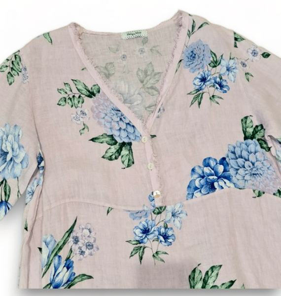 HELGA MAY_BUTTON V - NECK MAXI DRESS LINEN ADRIAN BLOOM PALE LAVENDER _ BUTTON V - NECK MAXI DRESS LINEN ADRIAN BLOOM PALE LAVENDER _ Ebony Boutique NZ