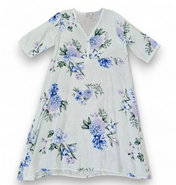 HELGA MAY_BUTTON V - NECK MAXI DRESS LINEN ADRIAN BLOOM PALE MINT _ BUTTON V - NECK MAXI DRESS LINEN ADRIAN BLOOM PALE MINT _ Ebony Boutique NZ