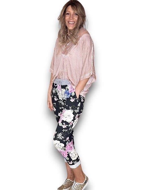 HELGA MAY_CORNELIA COTTON JOGGER JERSEY WAIST BOUQUET BLACK _ CORNELIA COTTON JOGGER JERSEY WAIST BOUQUET BLACK _ Ebony Boutique NZ