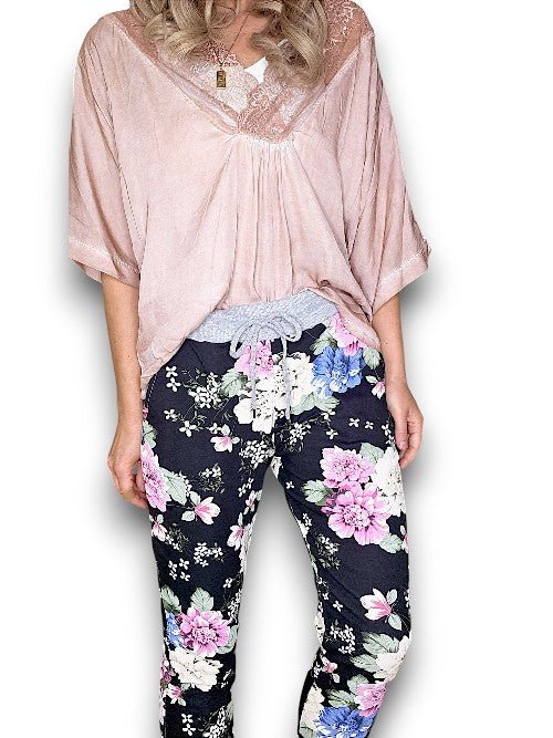 HELGA MAY_CORNELIA COTTON JOGGER JERSEY WAIST BOUQUET BLACK _ CORNELIA COTTON JOGGER JERSEY WAIST BOUQUET BLACK _ Ebony Boutique NZ