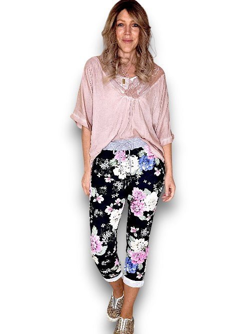 HELGA MAY_CORNELIA COTTON JOGGER JERSEY WAIST BOUQUET BLACK _ CORNELIA COTTON JOGGER JERSEY WAIST BOUQUET BLACK _ Ebony Boutique NZ