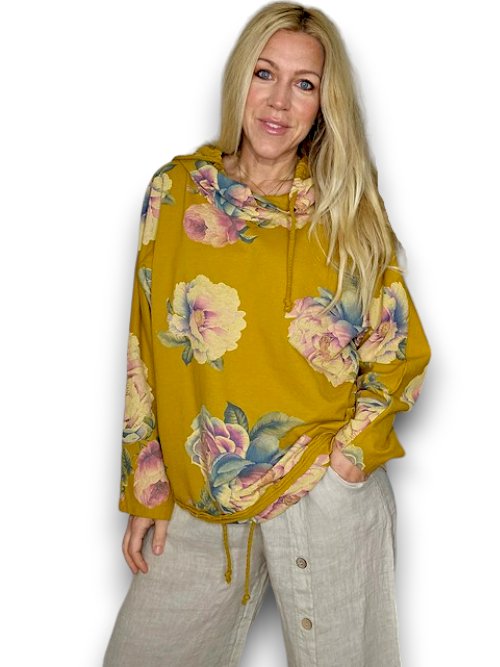 HELGA MAY_COTTON HOODIE PEONY OMBRE MUSTARD _ COTTON HOODIE PEONY OMBRE MUSTARD _ Ebony Boutique NZ