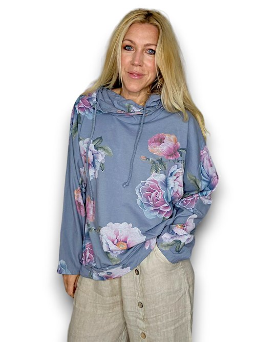 HELGA MAY_COTTON HOODIE PEONY OMBRE PETROL _ COTTON HOODIE PEONY OMBRE PETROL _ Ebony Boutique NZ