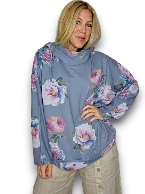 HELGA MAY_COTTON HOODIE PEONY OMBRE PETROL _ COTTON HOODIE PEONY OMBRE PETROL _ Ebony Boutique NZ