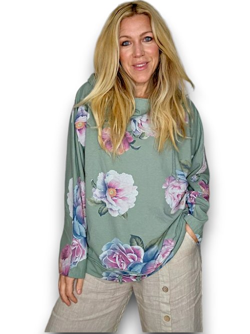 HELGA MAY_COTTON HOODIE PEONY OMBRE SAGE GREEN _ COTTON HOODIE PEONY OMBRE SAGE GREEN _ Ebony Boutique NZ