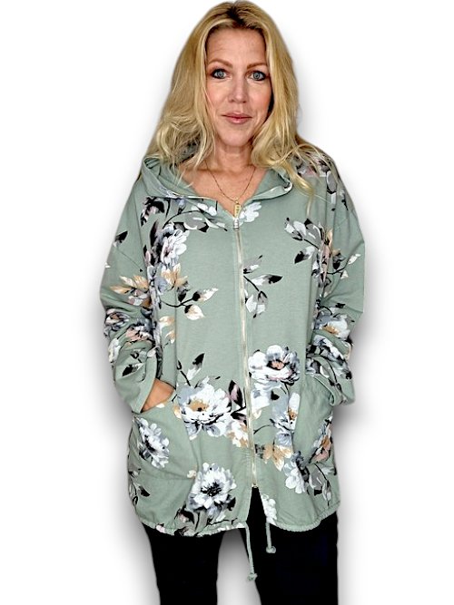 HELGA MAY_COTTON ZIP HOODIE BLOSSOM LIGHT SAGE _ COTTON ZIP HOODIE BLOSSOM LIGHT SAGE _ Ebony Boutique NZ
