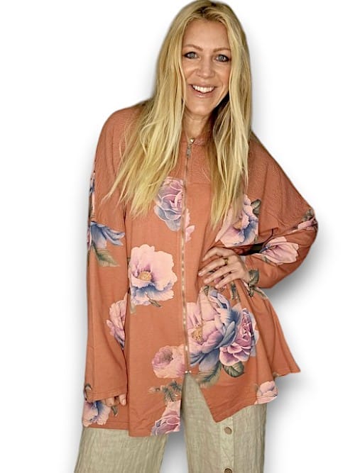 HELGA MAY_COTTON ZIP PATCHWORK HOODIE OMBRE FADED BRICK _ COTTON ZIP PATCHWORK HOODIE OMBRE FADED BRICK _ Ebony Boutique NZ