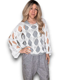 HELGA MAY_DIAMOND HOLLOW LONG SLEEVE KNIT WHITE _ DIAMOND HOLLOW LONG SLEEVE KNIT WHITE _ Ebony Boutique NZ